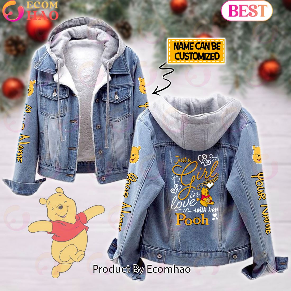 Custom Name Just A Girl Loves Minnie Mouse Designed Hooded Fleece Denim Jacket