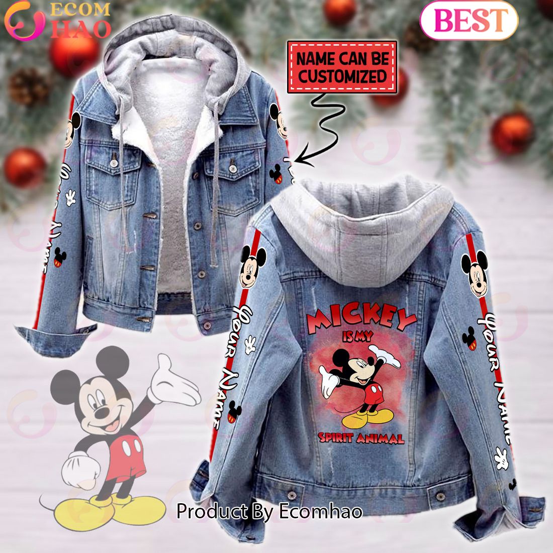 Custom Name Mickey Mouse Is My Spirit Animal Designed Hooded Fleece Denim Jacket