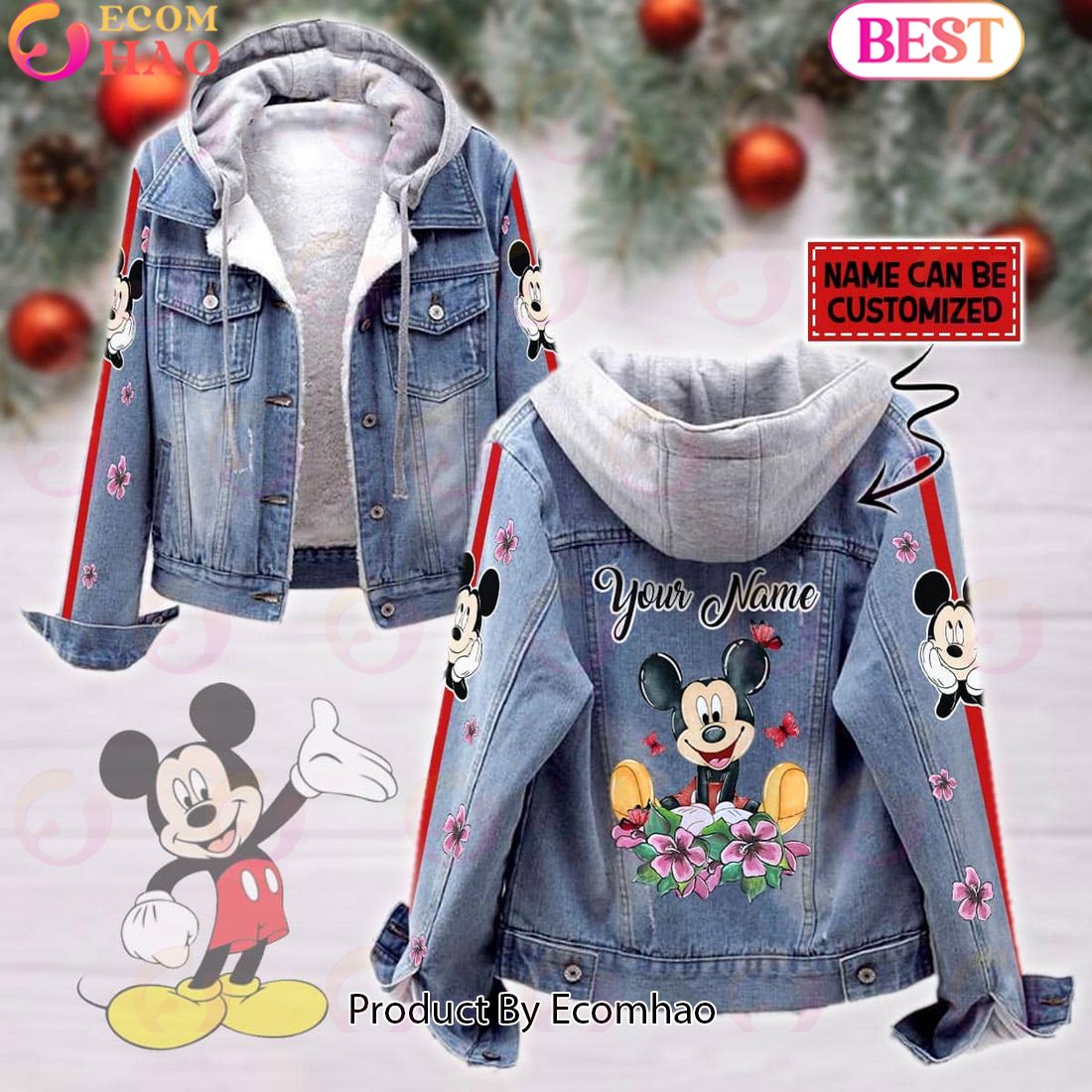 Custom Name Mickey Mouse Pink Flower Pattern Designed Hooded Fleece Denim Jacket