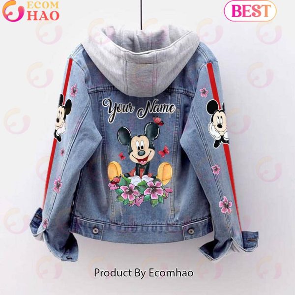 Custom Name Mickey Mouse Pink Flower Pattern Designed Hooded Fleece Denim Jacket
