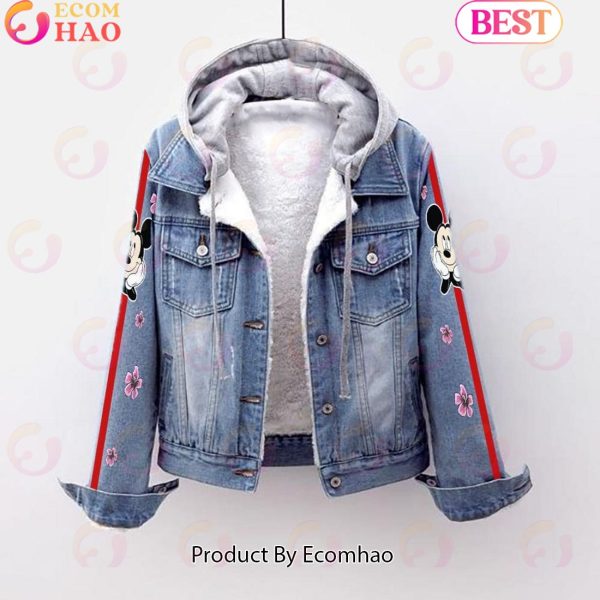 Custom Name Mickey Mouse Pink Flower Pattern Designed Hooded Fleece Denim Jacket
