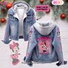 Custom Name Mickey Mouse Pink Flower Pattern Designed Hooded Fleece Denim Jacket