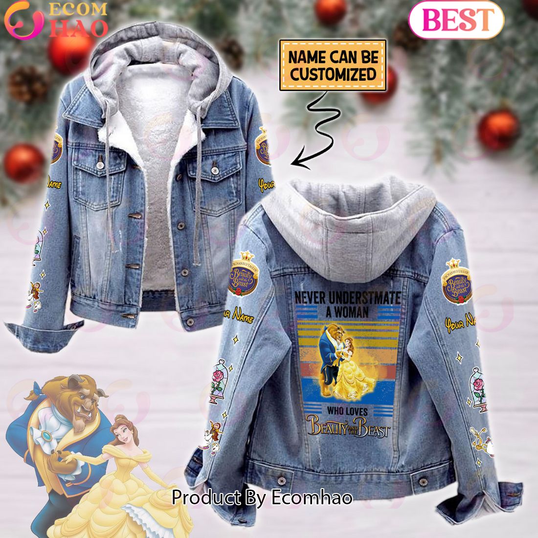 Custom Name Just A Girl Loves Stitch Designed Hooded Fleece Denim Jacket