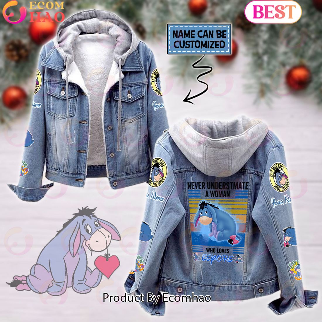 Custom Name Never Underestimate A Woman Loves Eeyore Designed Hooded Denim Jacket