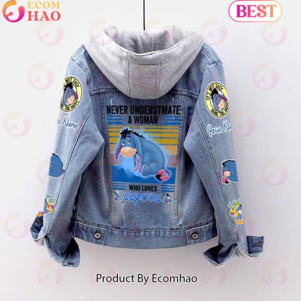 Custom Name Never Underestimate A Woman Loves Eeyore Designed Hooded Denim Jacket