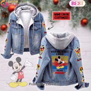 Custom Name Never Underestimate A Woman Loves Mickey Mouse Designed Hooded Fleece Denim Jacket