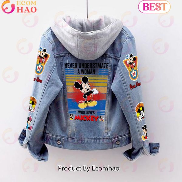 Custom Name Never Underestimate A Woman Loves Mickey Mouse Designed Hooded Fleece Denim Jacket