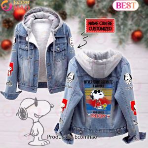 Custom Name Never Underestimate A Woman Loves Snoopy Designed Hooded Fleece Denim Jacket