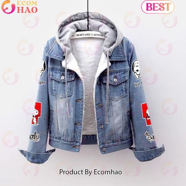 Custom Name Never Underestimate A Woman Loves Snoopy Designed Hooded Fleece Denim Jacket