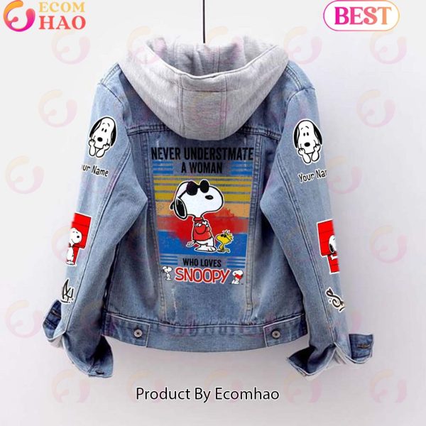 Custom Name Never Underestimate A Woman Loves Snoopy Designed Hooded Fleece Denim Jacket