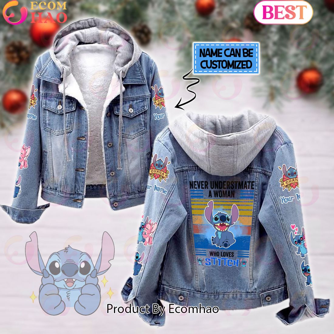 Custom Name Never Underestimate A Woman Loves Stitch Designed Hooded Fleece Denim Jacket