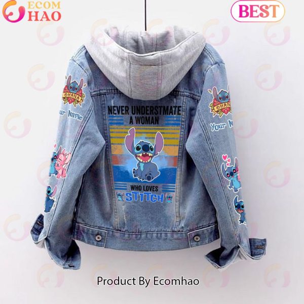 Custom Name Never Underestimate A Woman Loves Stitch Designed Hooded Fleece Denim Jacket