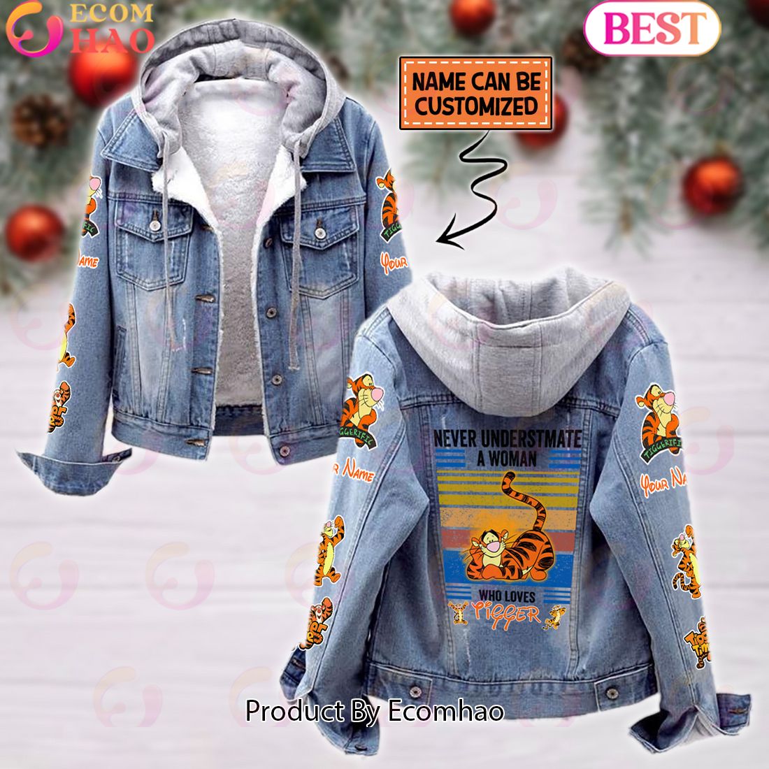 Custom Name Never Underestimate A Woman Loves Tigger Designed Hooded Denim Jacket