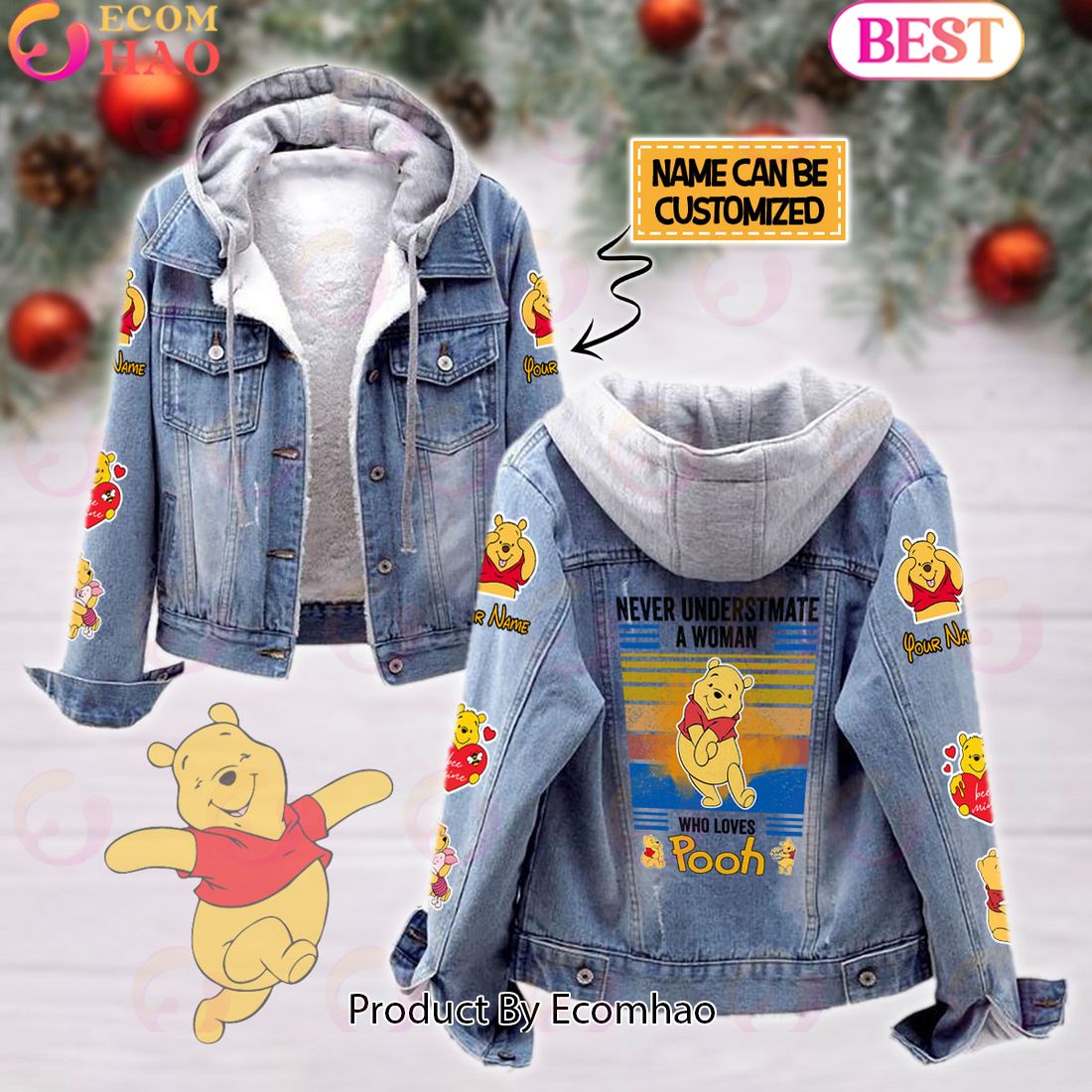 Custom Name Never Underestimate A Woman Loves Winnie the Pooh Designed Hooded Fleece Denim Jacket