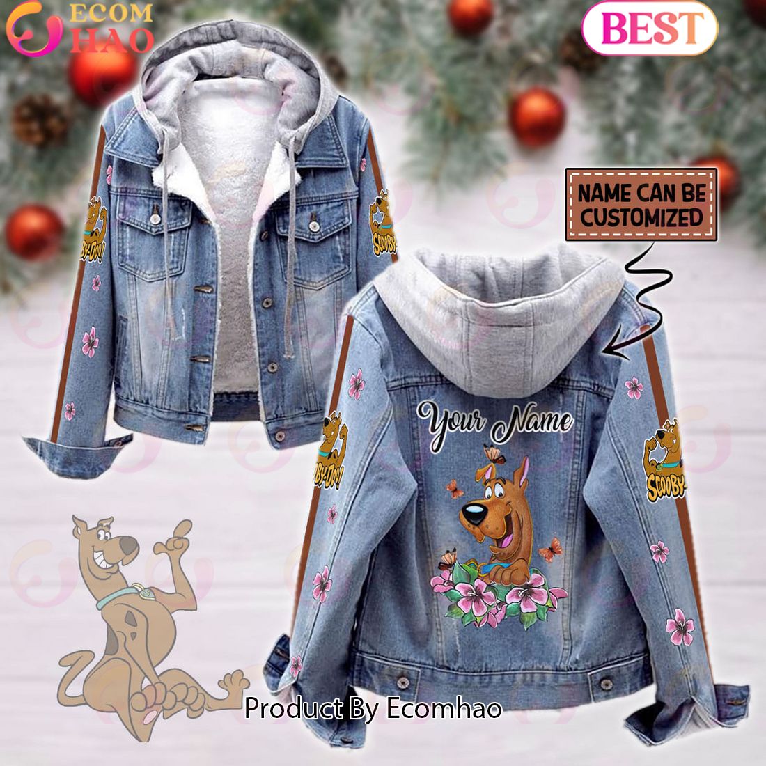 Custom Name Scooby-Doo Pink Flower Pattern Designed Hooded Fleece Denim Jacket