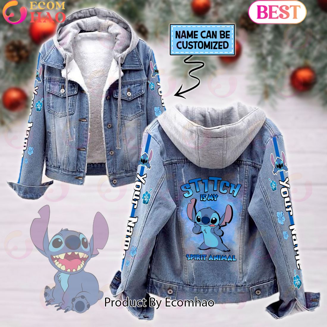 Custom Name Stitch Is My Spirit Animal Designed Hooded Fleece Denim Jacket