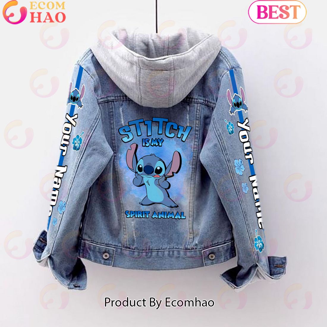 Custom Name Stitch Is My Spirit Animal Designed Hooded Fleece Denim Jacket