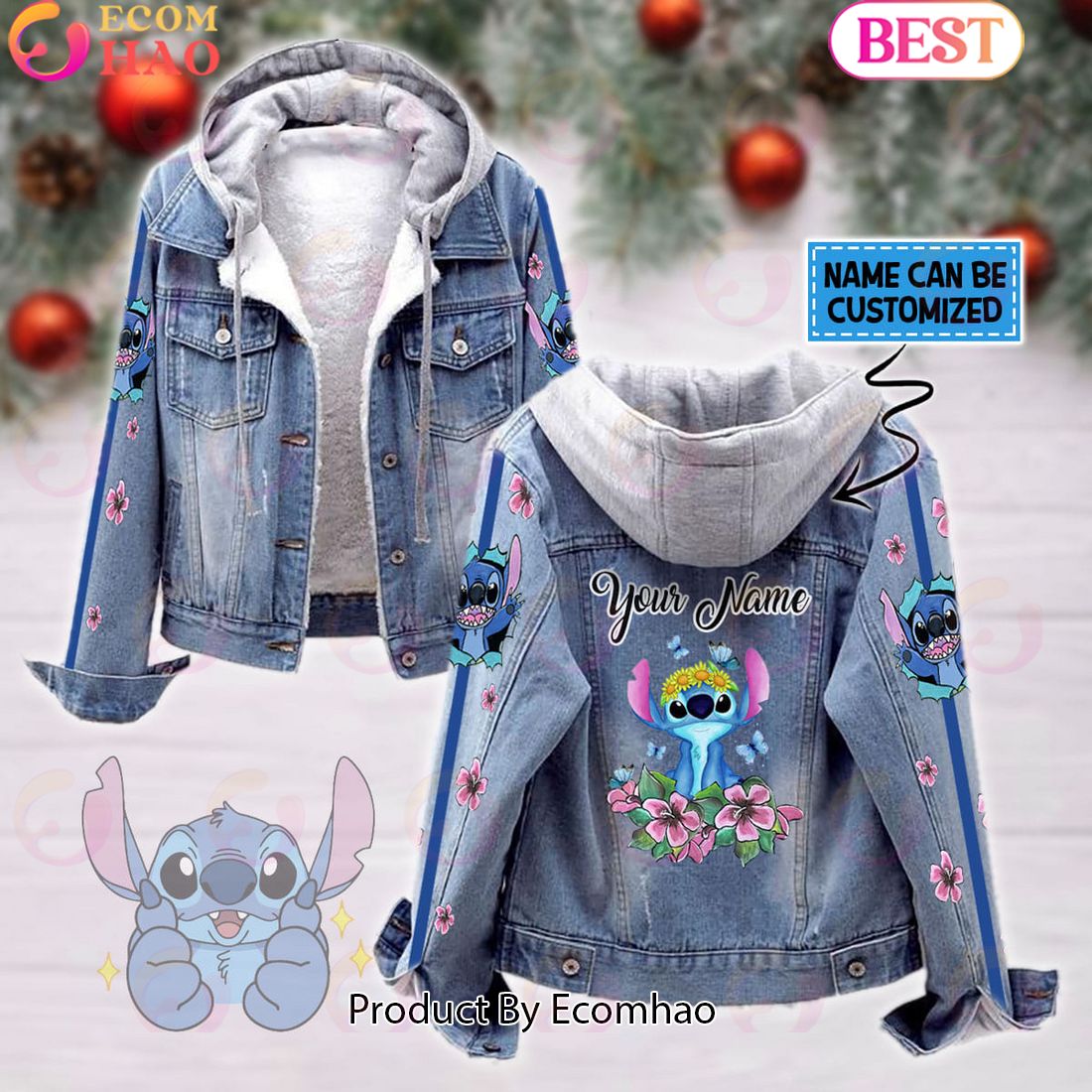 Custom Name Stitch Pink Flower Pattern Designed Hooded Fleece Denim Jacket