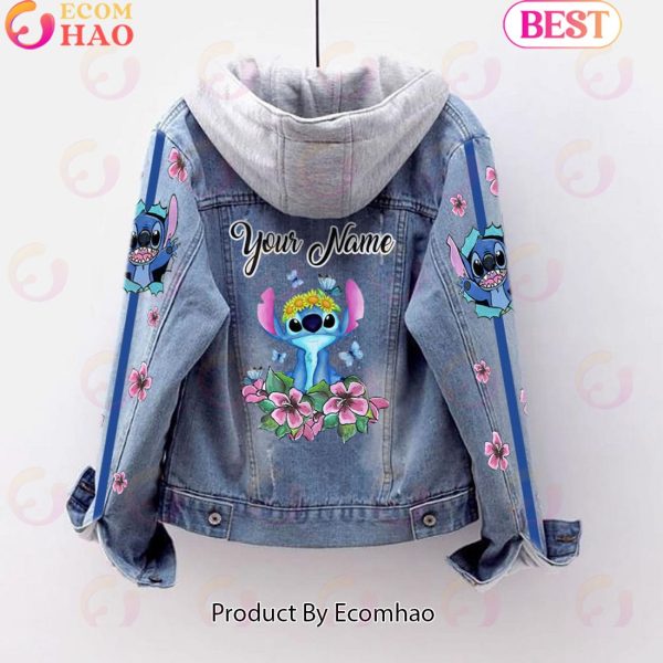 Custom Name Stitch Pink Flower Pattern Designed Hooded Fleece Denim Jacket