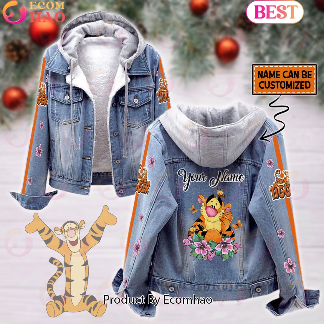 Custom Name Tigger Pink Flower Pattern Designed Hooded Denim Jacket