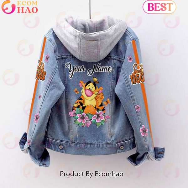 Custom Name Tigger Pink Flower Pattern Designed Hooded Denim Jacket