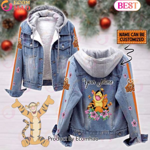 Custom Name Tigger Pink Flower Pattern Designed Hooded Denim Jacket