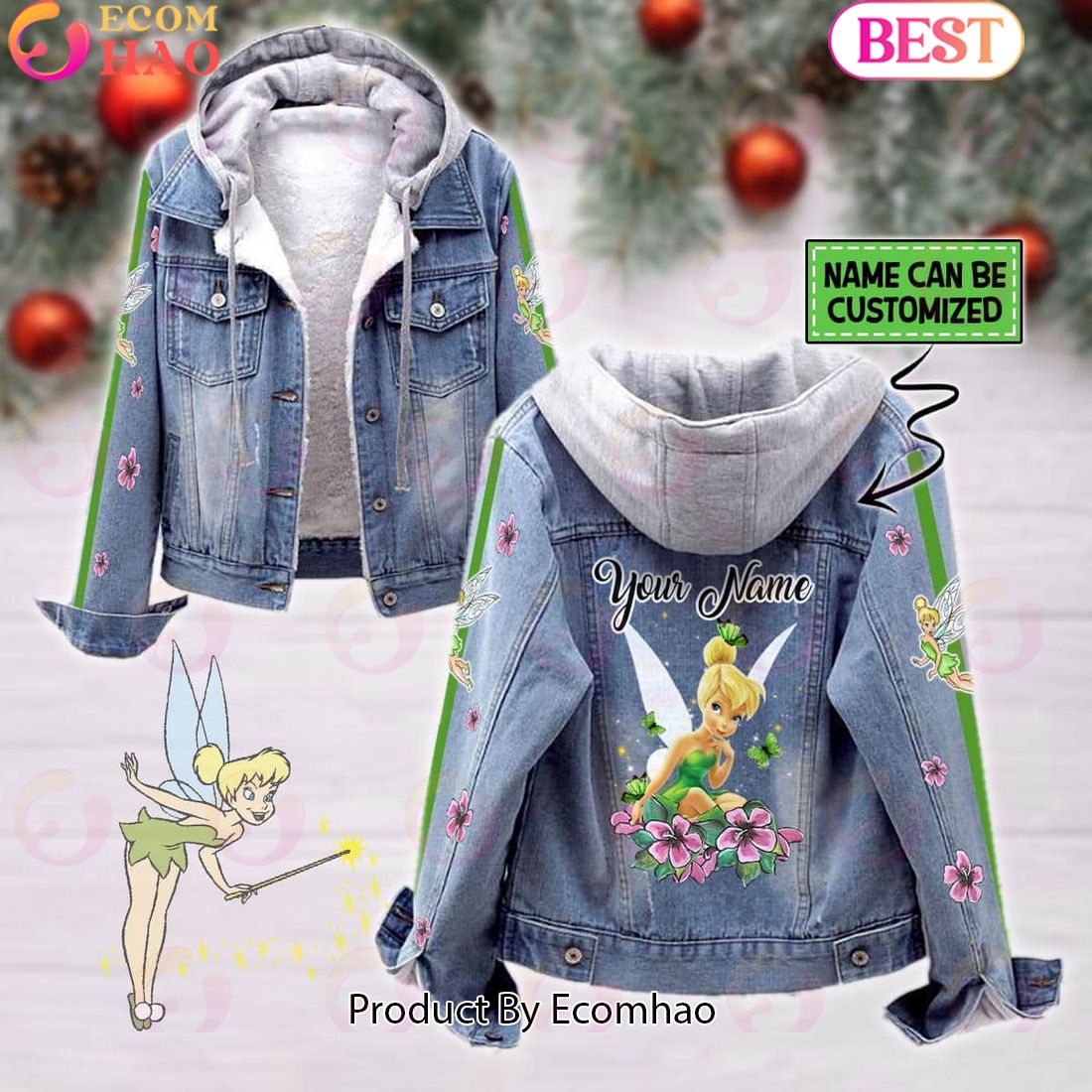 Custom Name Tinker Bell Pink Flower Pattern Designed Hooded Fleece Denim Jacket