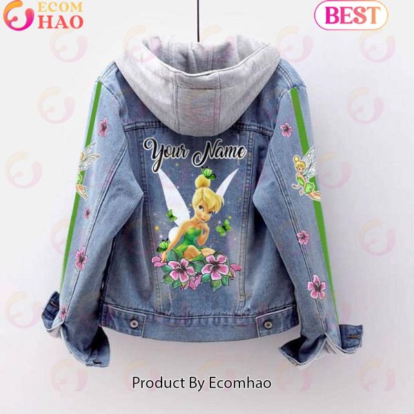 Custom Name Tinker Bell Pink Flower Pattern Designed Hooded Fleece Denim Jacket