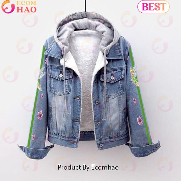 Custom Name Tinker Bell Pink Flower Pattern Designed Hooded Fleece Denim Jacket