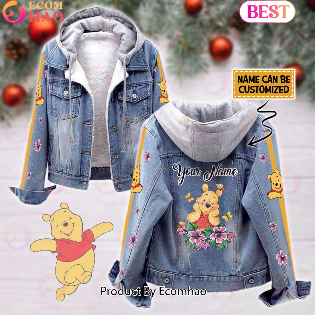 Custom Name Winnie the Pooh Pink Flower Pattern Designed Hooded Fleece Denim Jacket