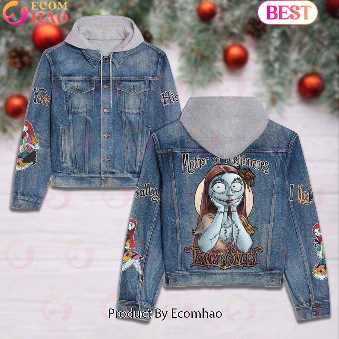 Sally Nightmare Pattern Designed Hooded Fleece Denim Jacket