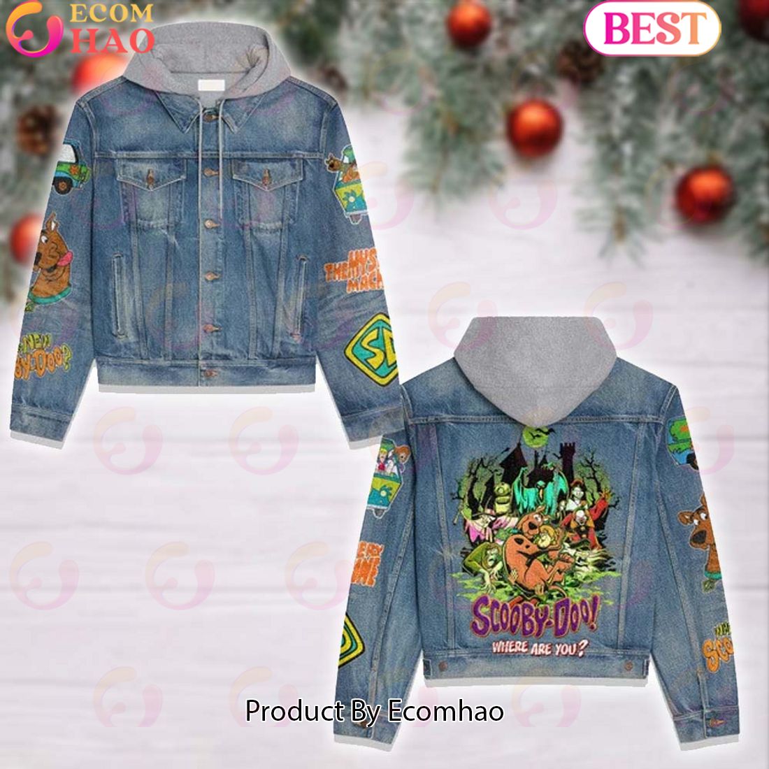 Scooby-doo Pattern Designed Hooded Fleece Denim Jacket