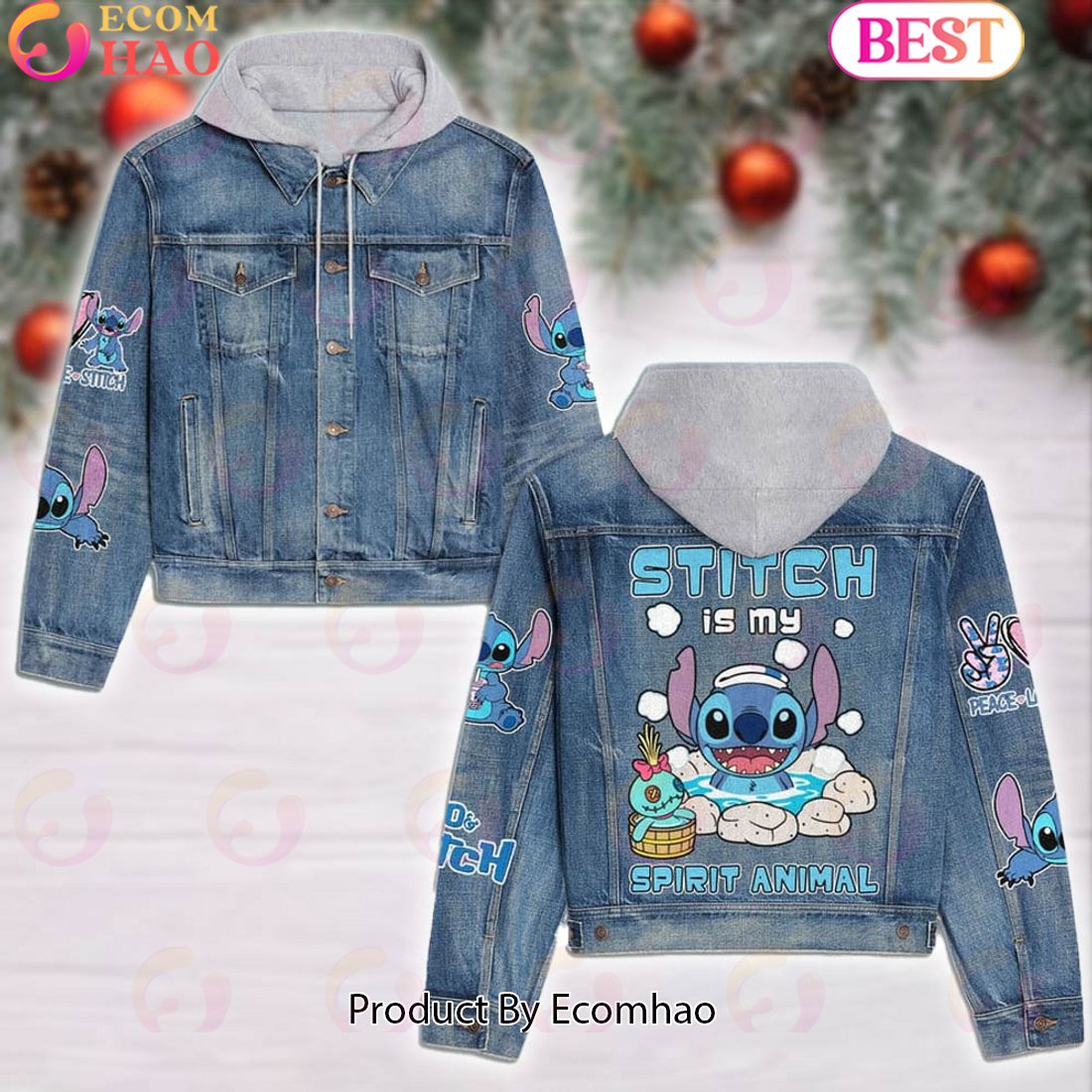 Stitch Pattern Designed Hooded Fleece Denim Jacket