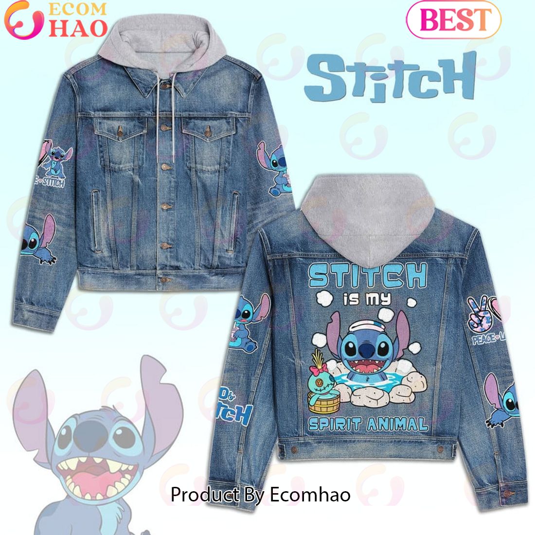 Stitch Pattern Designed Hooded Fleece Denim Jacket