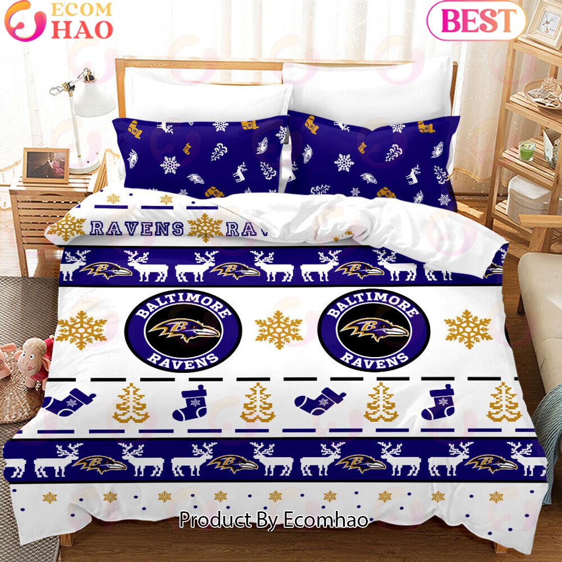 NFL Baltimore Ravens Special Christmas Design Bedding Set