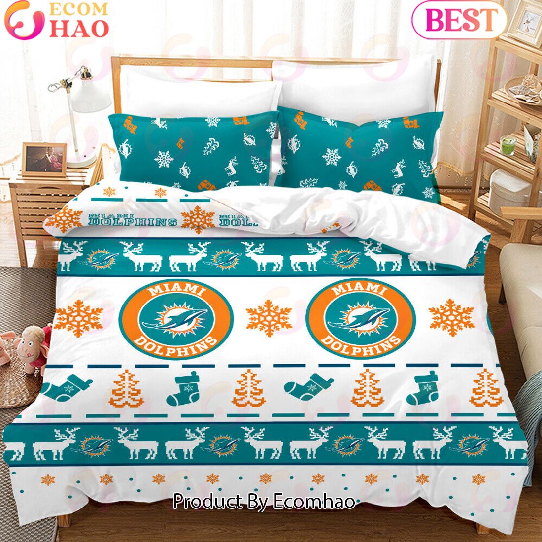 NFL Miami Dolphins Special Christmas Design Bedding Set