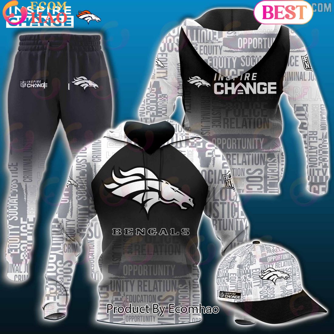 NFL Denver Broncos Inspire Change Justice Opportunity Equity Freedom Hoodie, Longpants, Cap