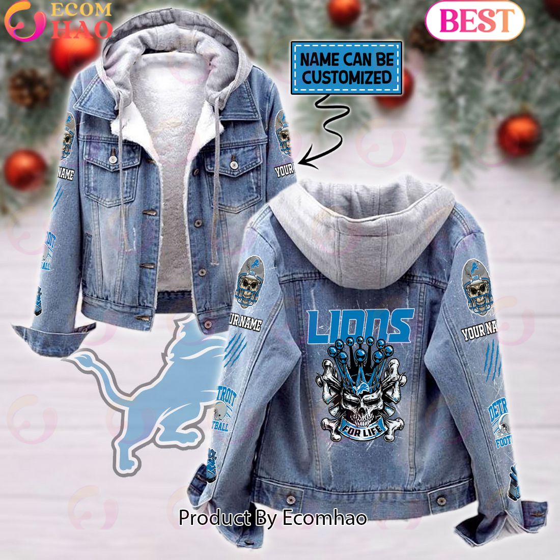 Custom Name Detroit Lions For Life Designed Fleece Hooded Denim Jacket