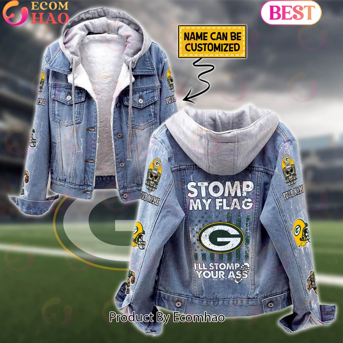 Custom Name Green Bay Packers – Storm My Flag Designed Fleece Hooded Denim Jacket