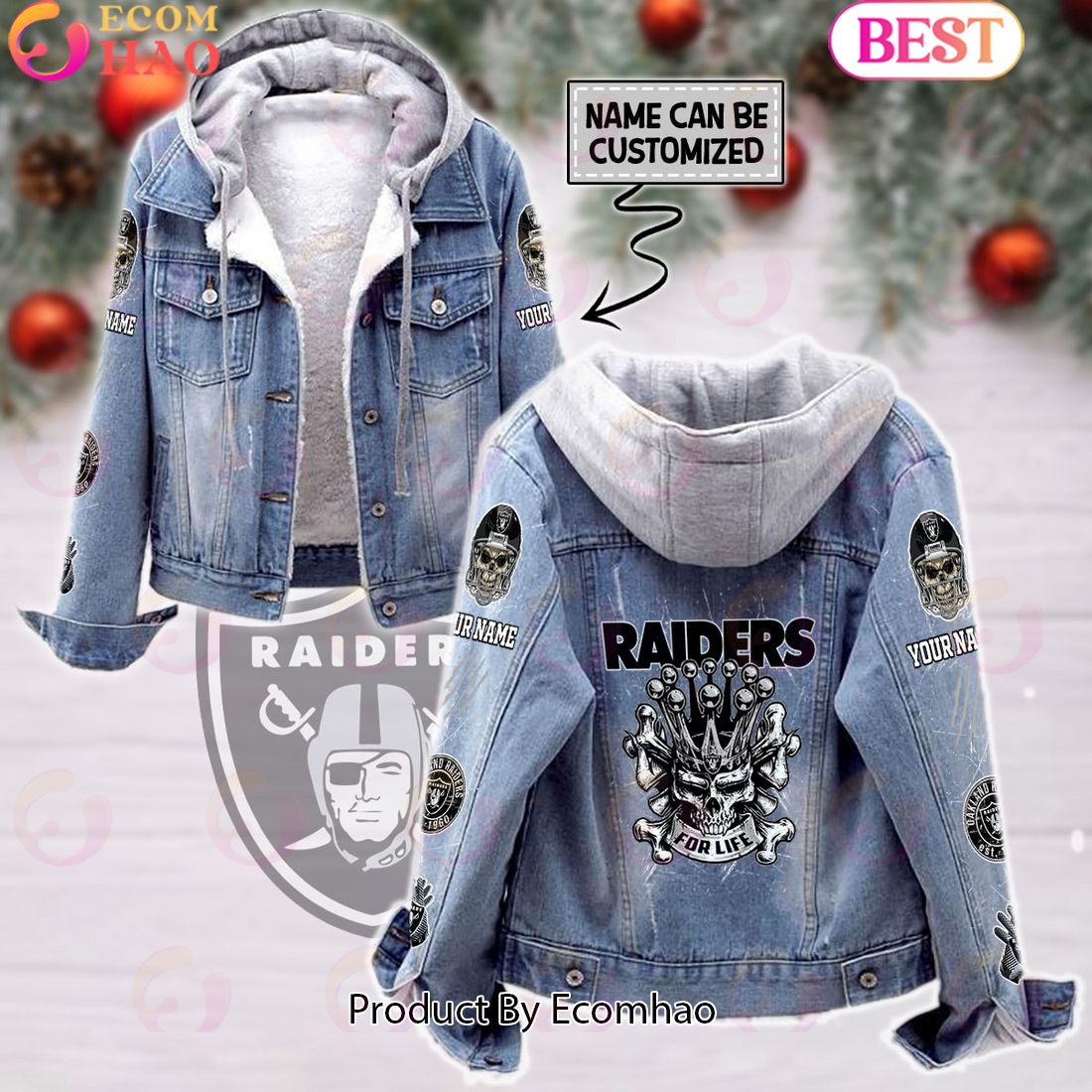 Custom Name Las Vegas Raiders For Life Designed Fleece Hooded Denim Jacket