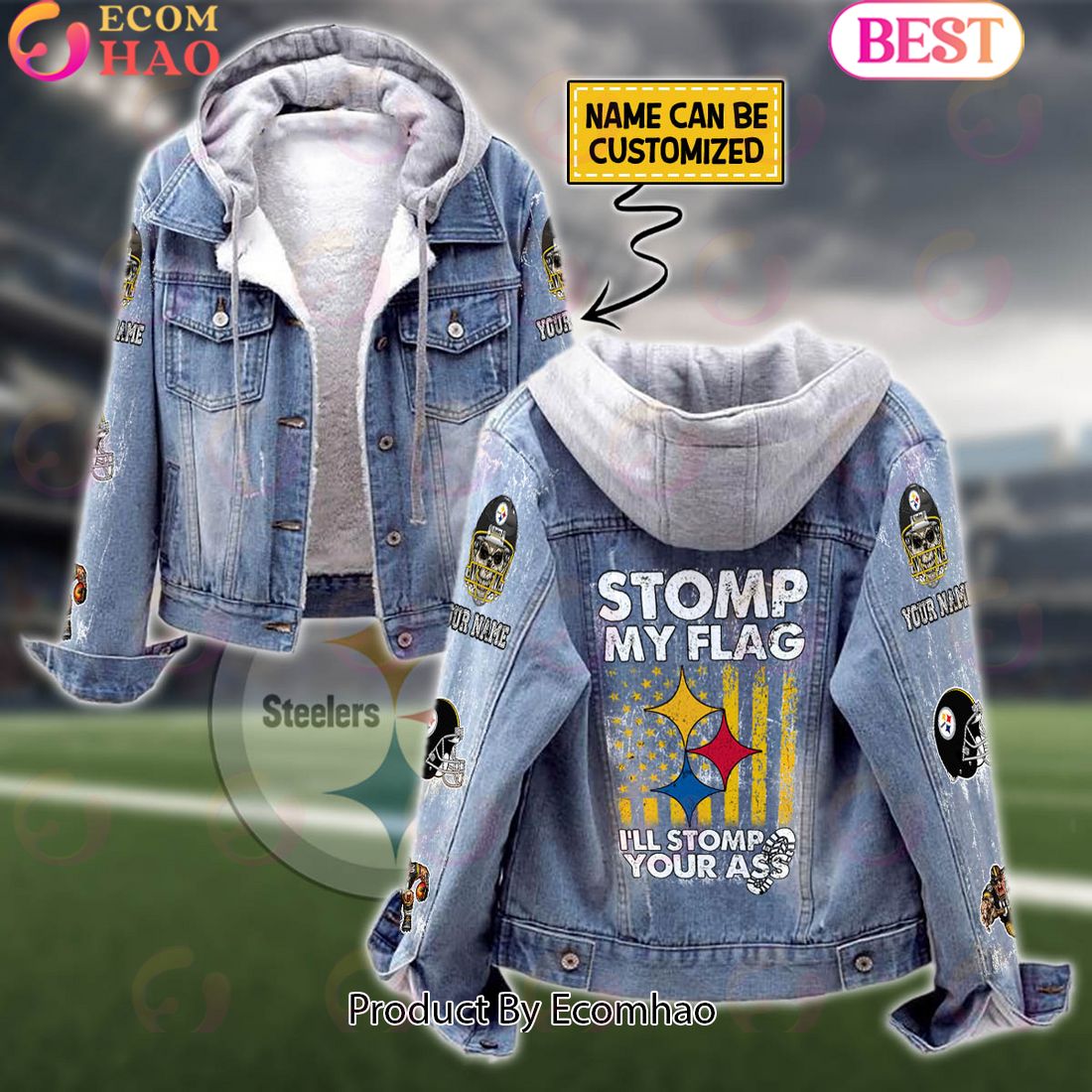 Custom Name Pittsburgh Steelers – Storm My Flag Designed Fleece Hooded Denim Jacket