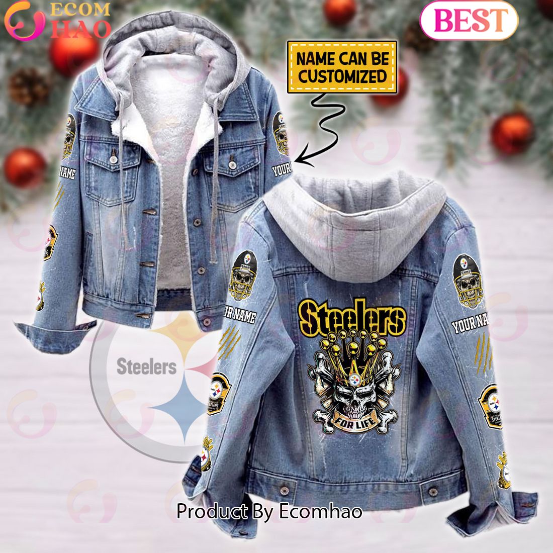 Custom Name Pittsburgh Steelers For Life Designed Fleece Hooded Denim Jacket