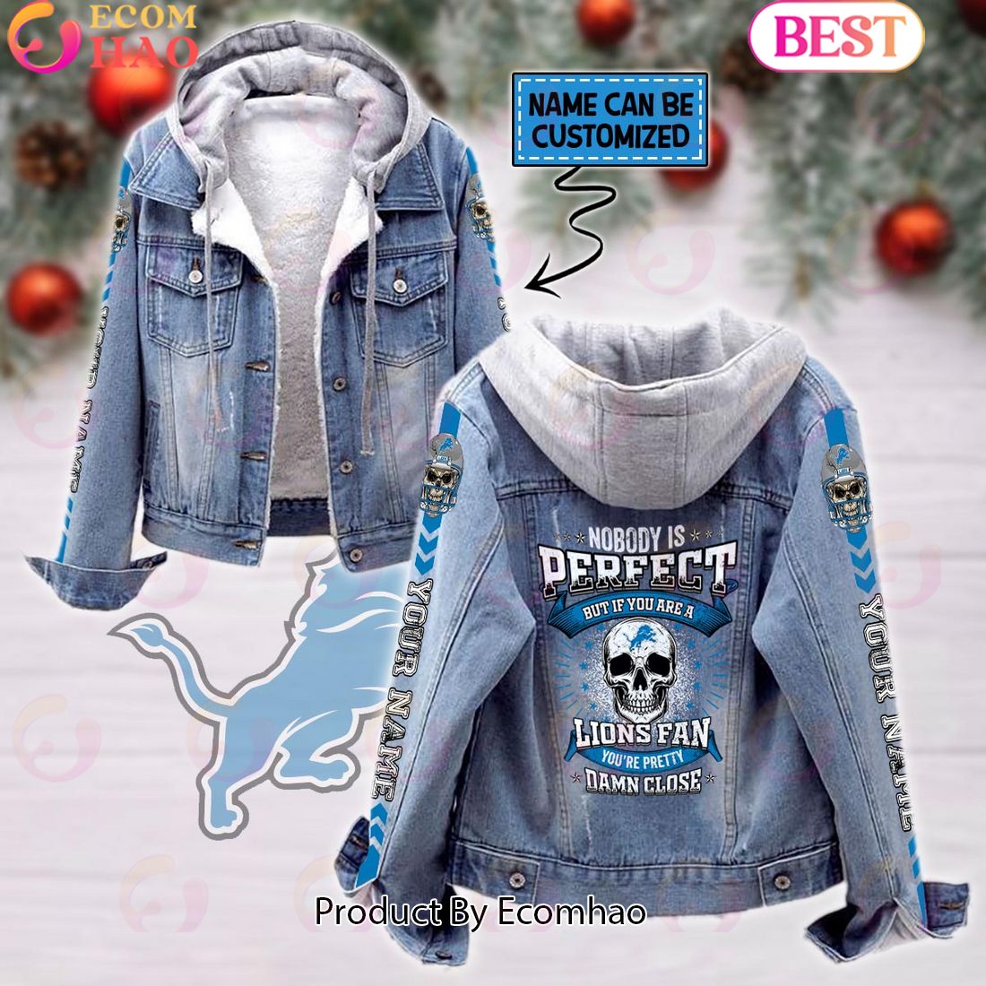 Custom Name Proud To Be A Detroit Lions Fan Designed Fleece Hooded Denim Jacket