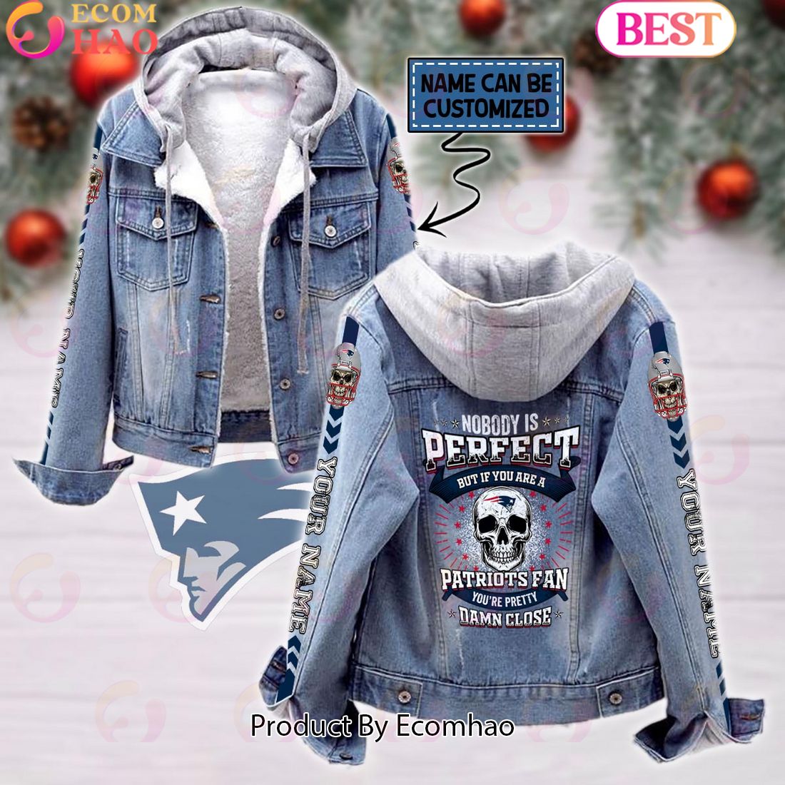 Custom Name Proud To Be A New England Patriots Fan Designed Fleece Hooded Denim Jacket