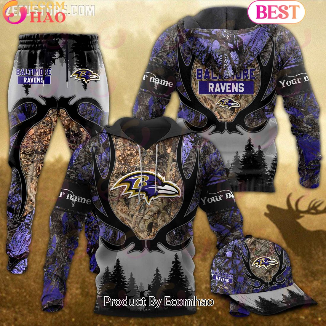 Baltimore Ravens NFL Hunting Camo 3D Combo Hoodie, Longpants, Cap