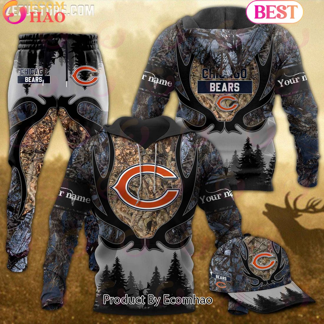 Chicago Bears NFL Hunting Camo 3D Combo Hoodie, Longpants, Cap