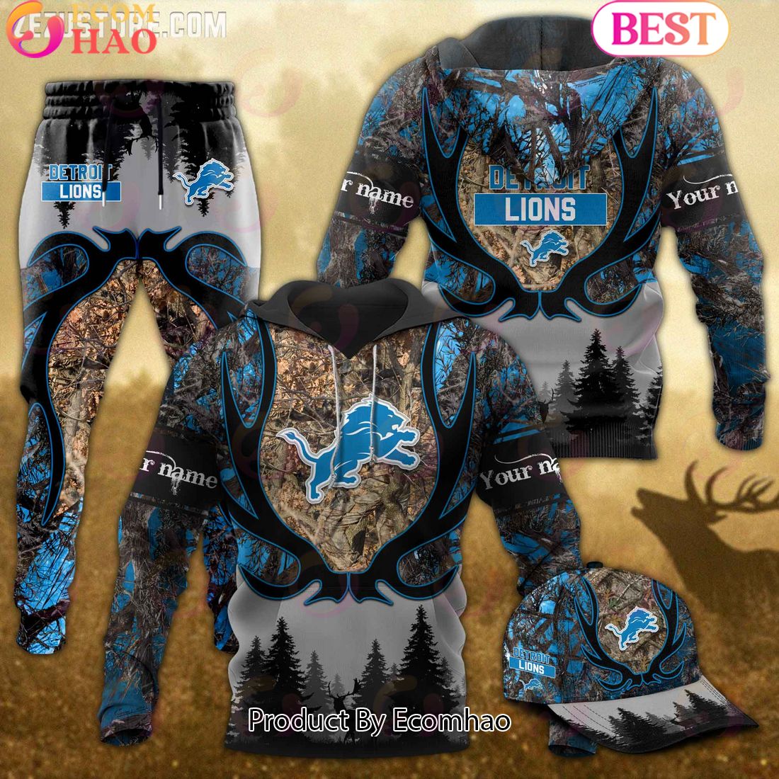 Detroit Lions NFL Hunting Camo 3D Combo Hoodie, Longpants, Cap