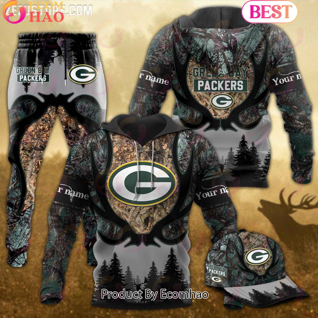 Green Bay Packers NFL Hunting Camo 3D Combo Hoodie, Longpants, Cap