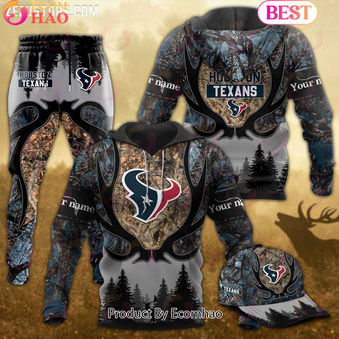 Houston Texans NFL Hunting Camo 3D Combo Hoodie, Longpants, Cap