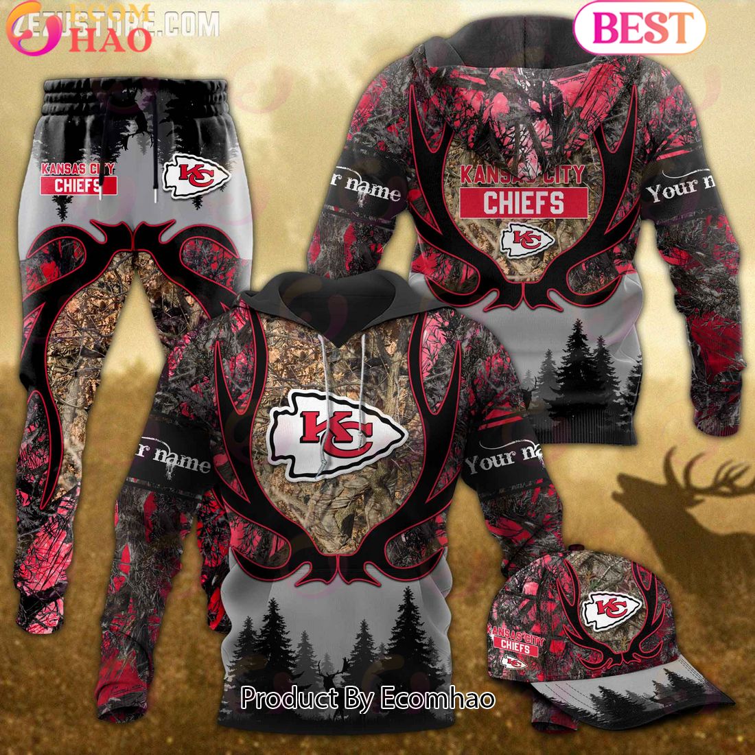 Kansas City Chiefs NFL Hunting Camo 3D Combo Hoodie, Longpants, Cap